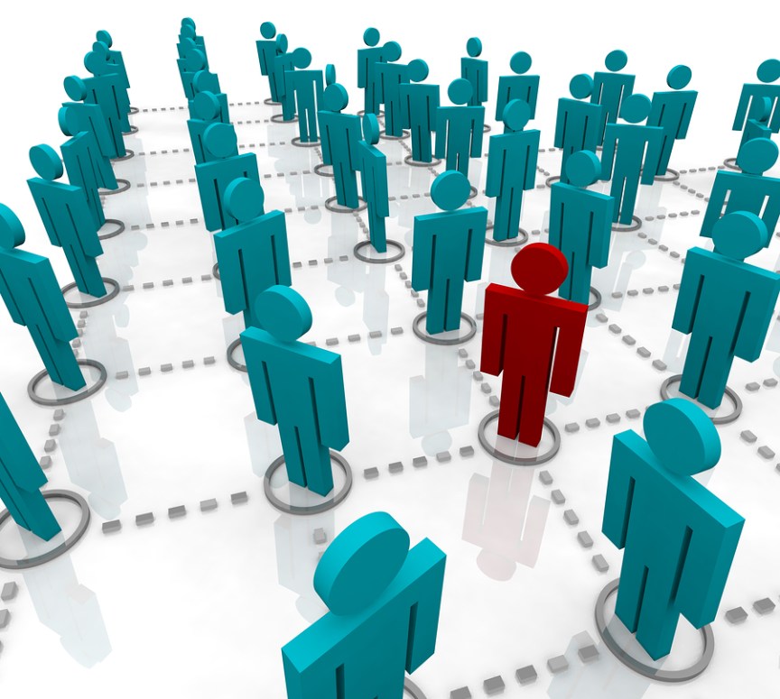 Red person represents the challenge of finding your target audience in a sea of people. 