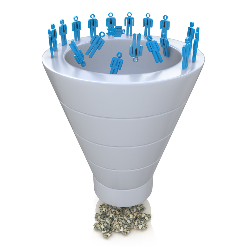Marketing funnel depiction with leads flowing into the top. 
